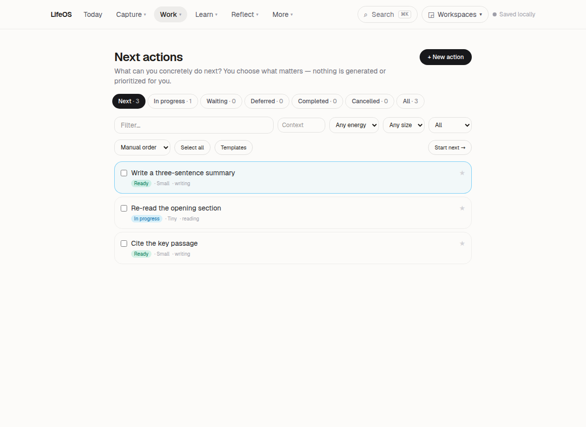 LifeOS Next actions surface showing concrete actions, filters, and manual order controls.