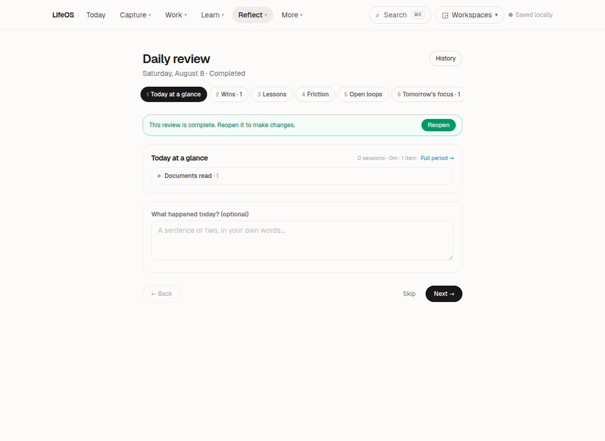 LifeOS Daily review workflow showing review steps and a completed or reopened state.
